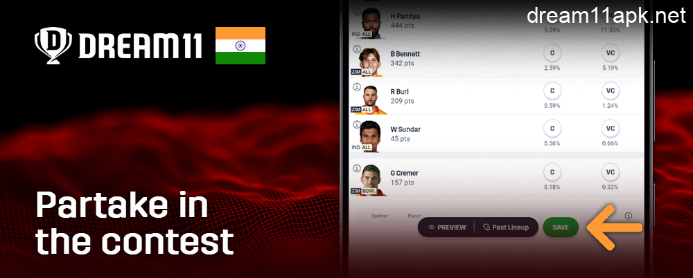Complete your fantasy cricket team selection in the Dream11 app