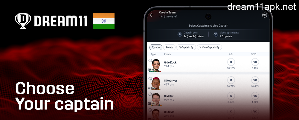 Select the team captain for the IPL match in Dream11